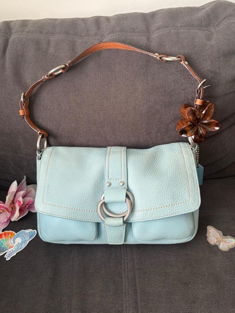 Coach Light Blue Leather Shoulder Bag with Brown Strap and Silver Ring